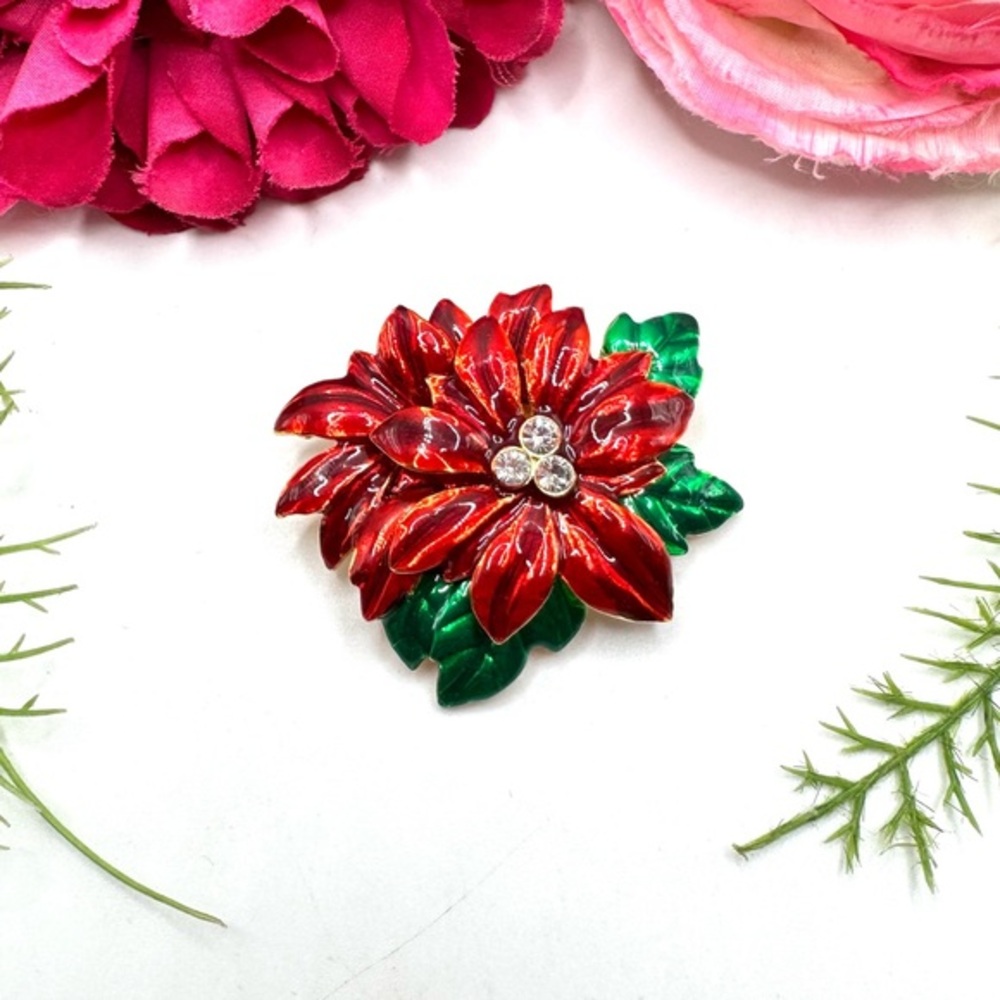 VINTAGE⚜️Blooming Poinsettia Enameled Brooch